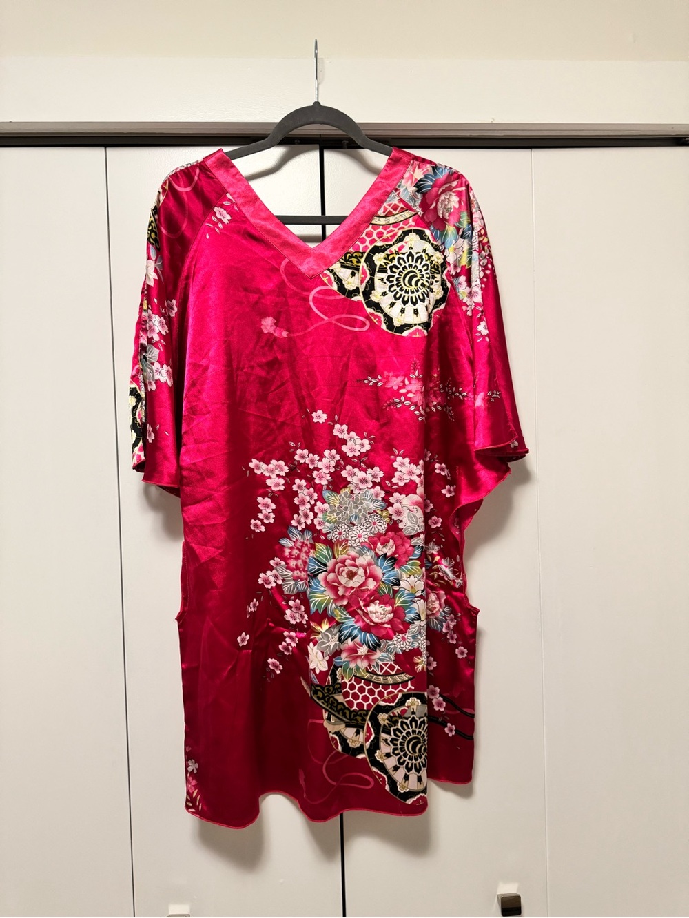 Hong Qing Red Satin Floral Kimono Sleeve Kaftan Tunic Dress XL